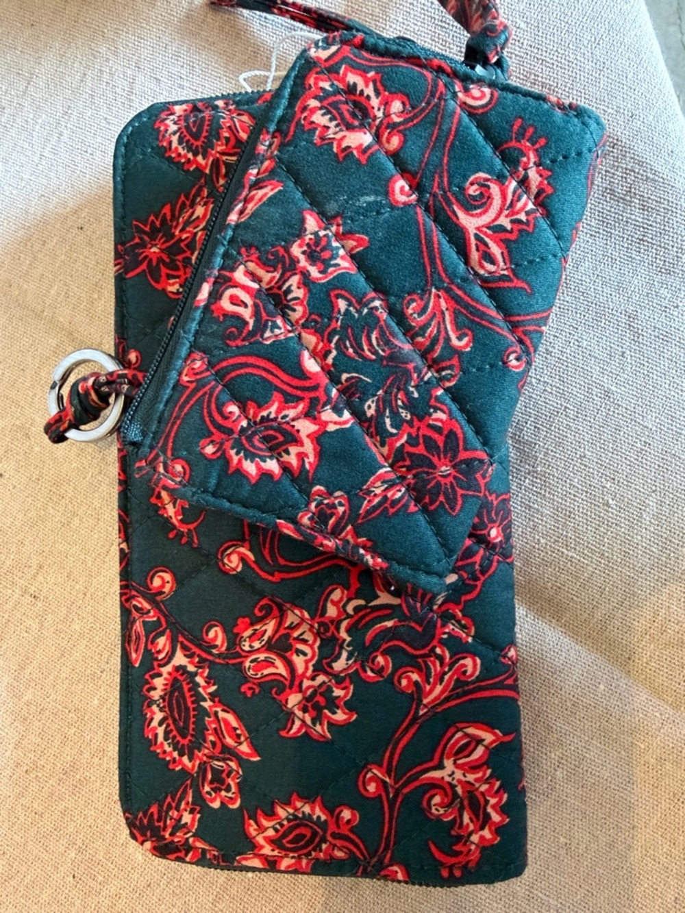 Quilted Floral wallet and coin purse/id holder - Dark Teal with Red Floral